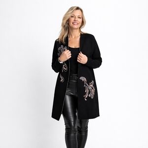 Embroidered Open-Front Black Coatigan - Women